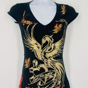 Pre-Owned Vintage Ed Hardy Rhinestone Rising Phoenix V-Neck T-Shirt Tunic Sz: S